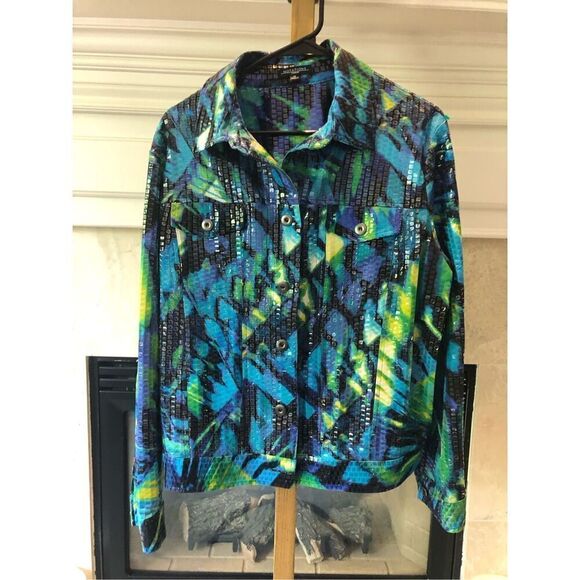 Notations Women’s Blue and Green Square Print Shiny Button Up Jacket Size XL - Picture 3 of 9